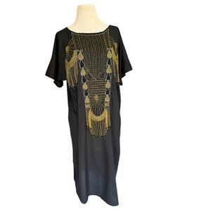Vtg Egyptian Black Gold Beaded Fringe Kaftan Muumuu Sz M/L Festival Tribal